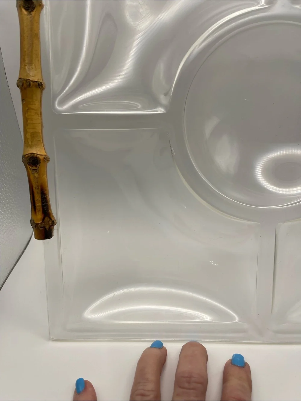 Vintage MCM Lucite Acrylic Sectioned Serveware Platter with Bamboo Handles